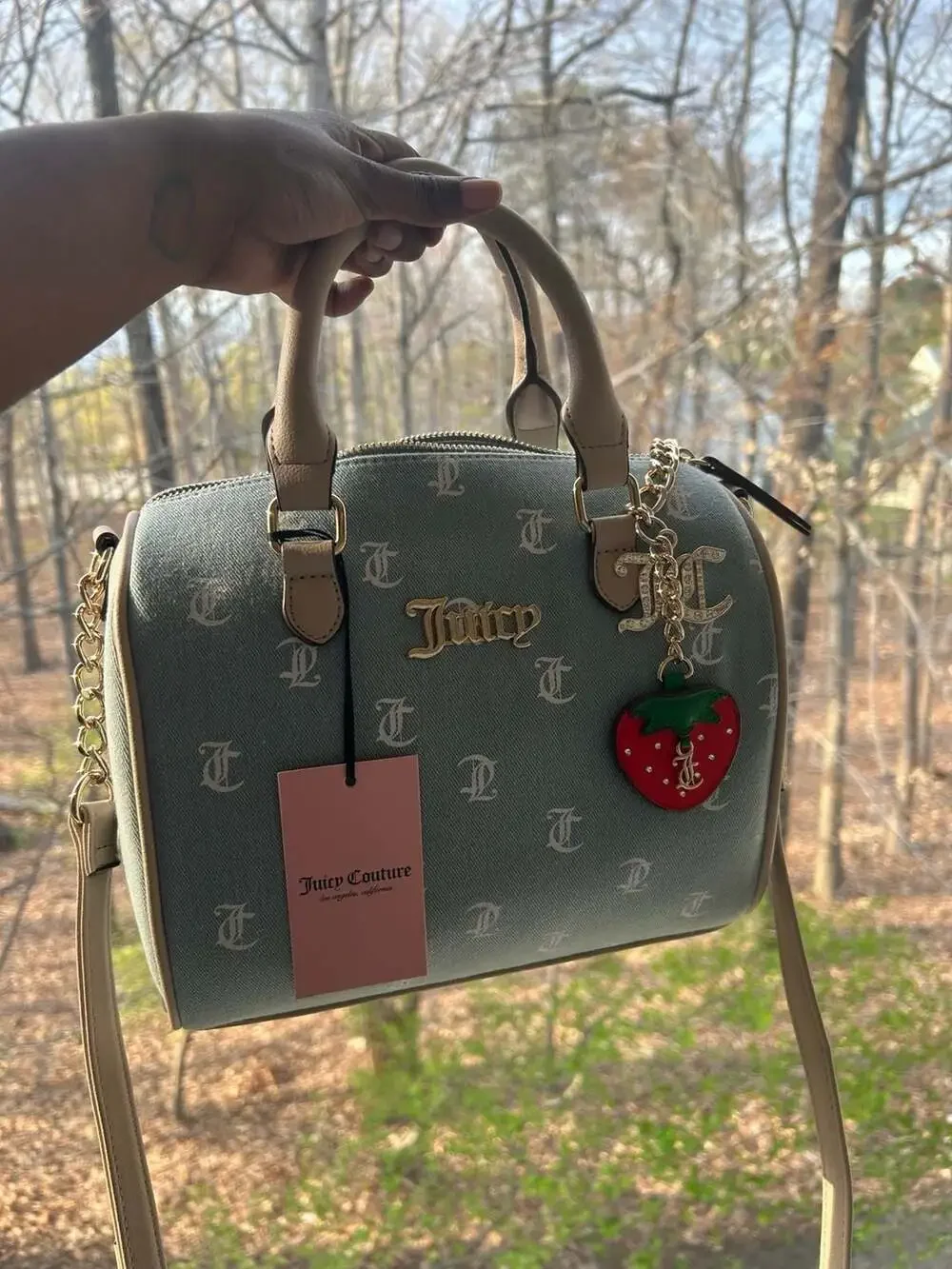 Juicy Couture Denim Days Gothic Logo Satchel with Strawberry Charm - Picture 1 of 5
